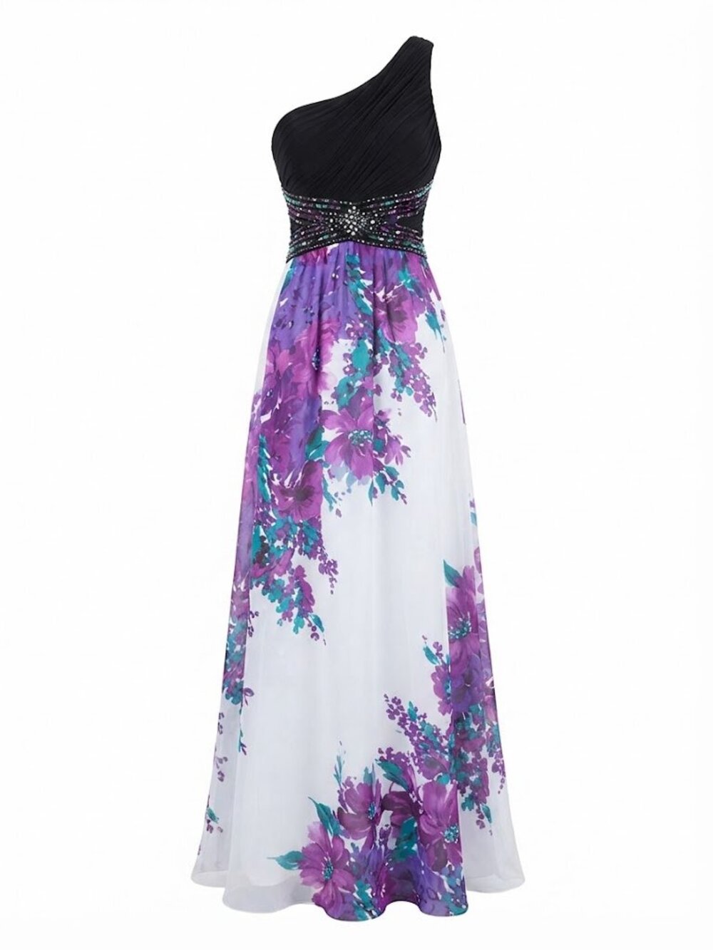 Cache Black & Purple Floral One-Shoulder Beaded Waist Maxi Prom Dress Size 0